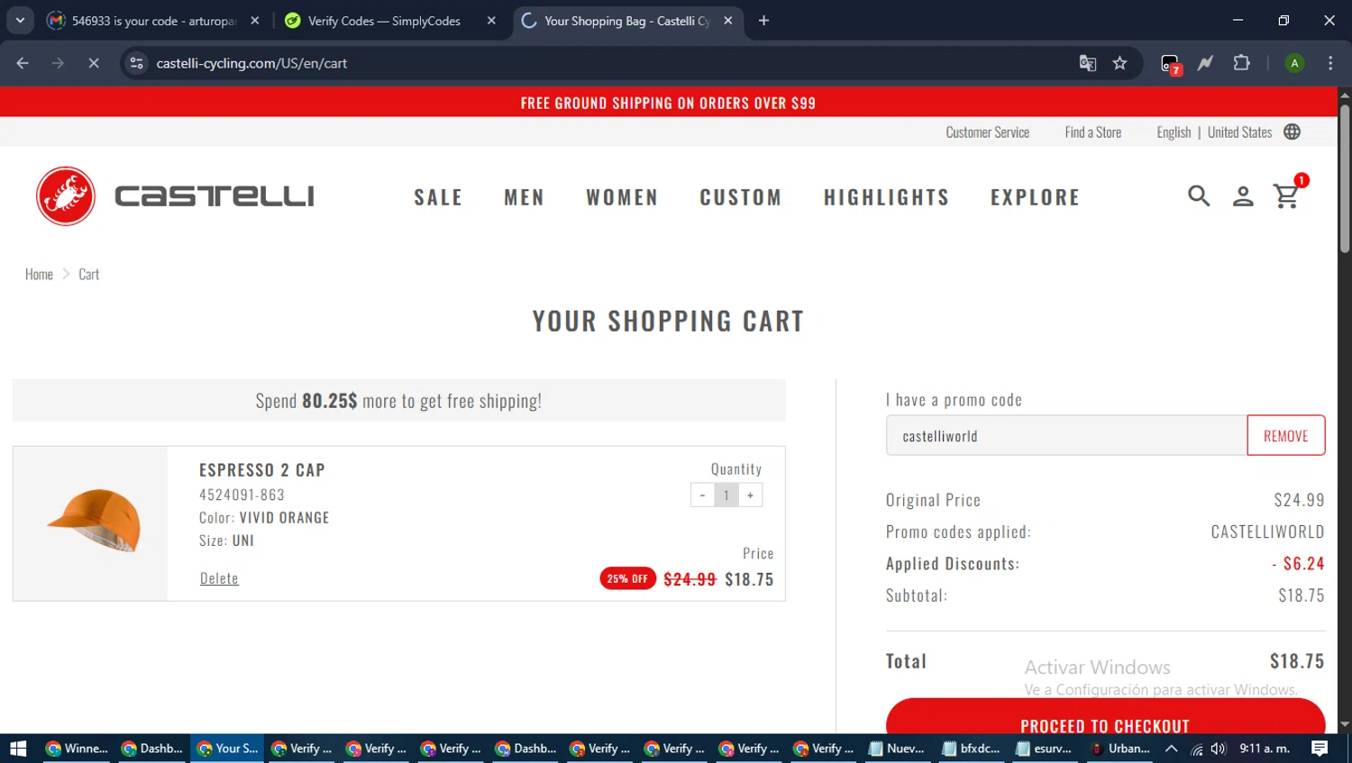 Castelli promo code screenshot showing code castelliworld applied at Castelli checkout page. Uploaded by SimplyCodes community member CashLynx5338 on Aug 22, 2025