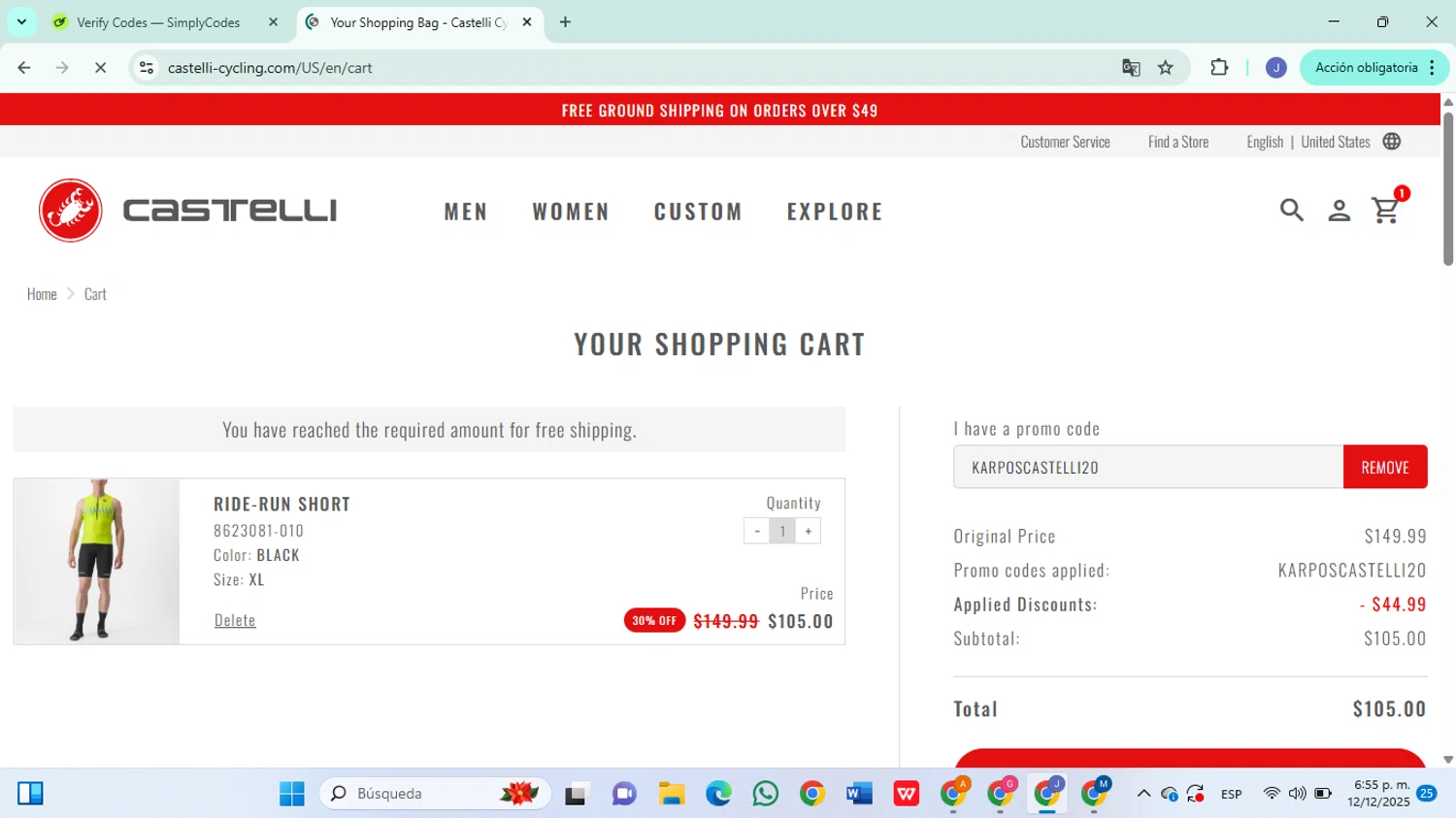 Castelli promo code screenshot showing code KARPOSCASTELLI20 applied at Castelli checkout page. Uploaded by SimplyCodes community member DiscountSleuth6807 on Dec 12, 2025