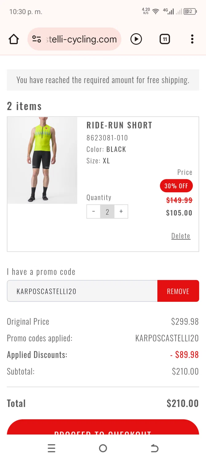 Castelli promo code screenshot showing code KARPOSCASTELLI20 applied at Castelli checkout page. Uploaded by SimplyCodes community member cachetegomez on Dec 20, 2025