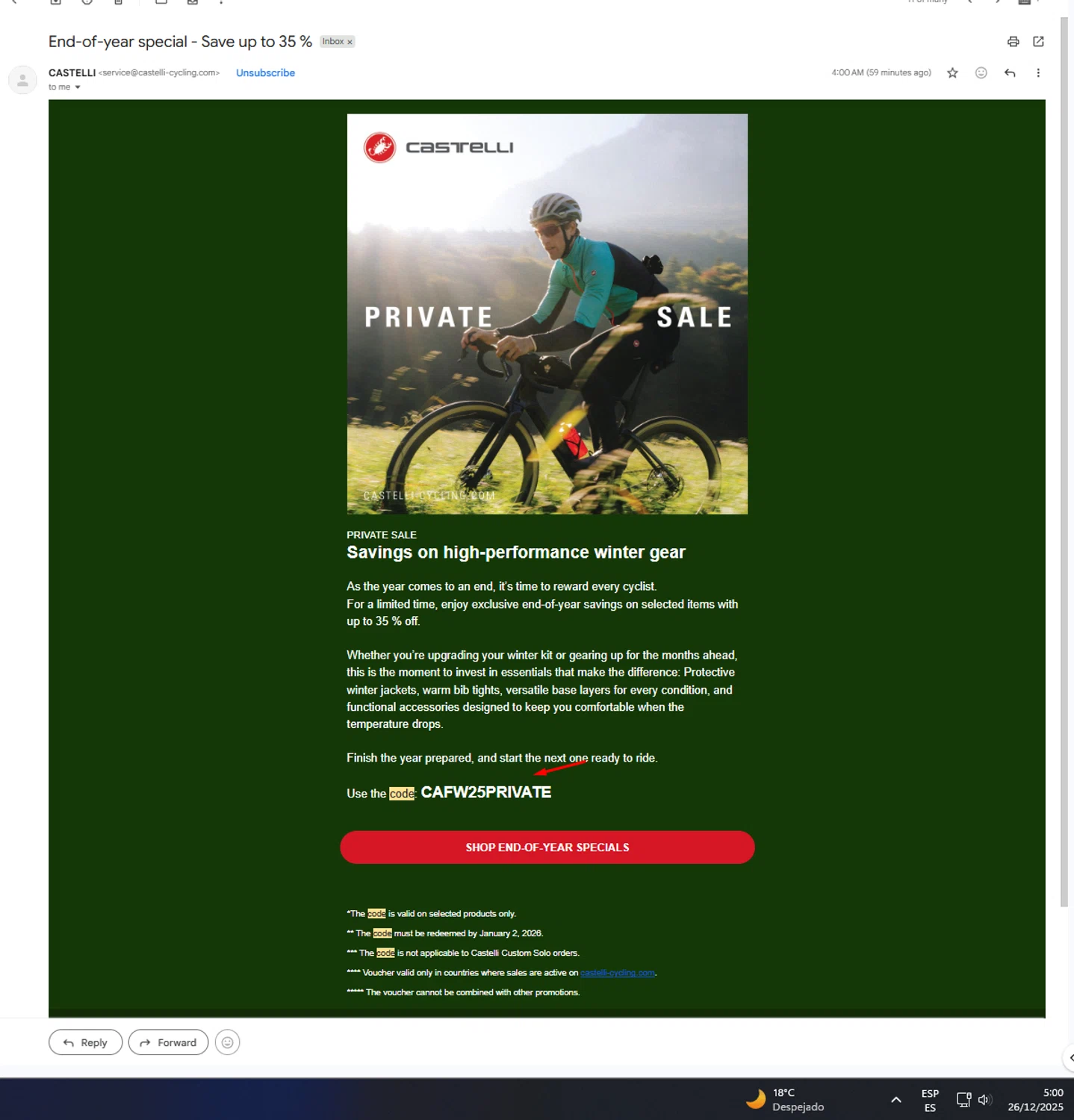 Castelli promo code screenshot showing code CAFW25PRIVATE applied at Castelli checkout page. Uploaded by SimplyCodes community member UnkNownVnzla on Dec 26, 2025