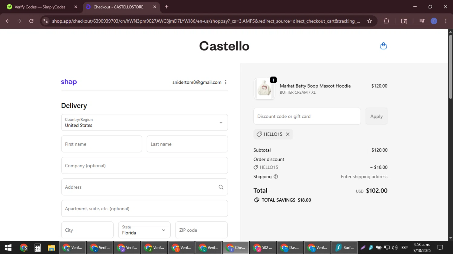 Castello Boutique promo code screenshot showing code HELLO15 applied at Castello Boutique checkout page. Uploaded by SimplyCodes community member snidertom8 on Oct 7, 2025