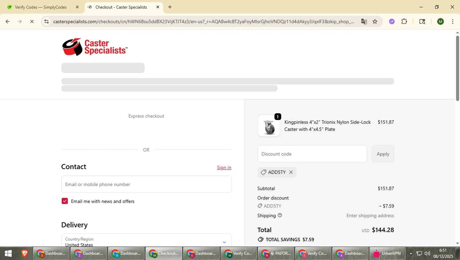 Caster Specialists promo code screenshot showing code ADD5TY applied at Caster Specialists checkout page. Uploaded by SimplyCodes community member loversuper on Dec 8, 2025