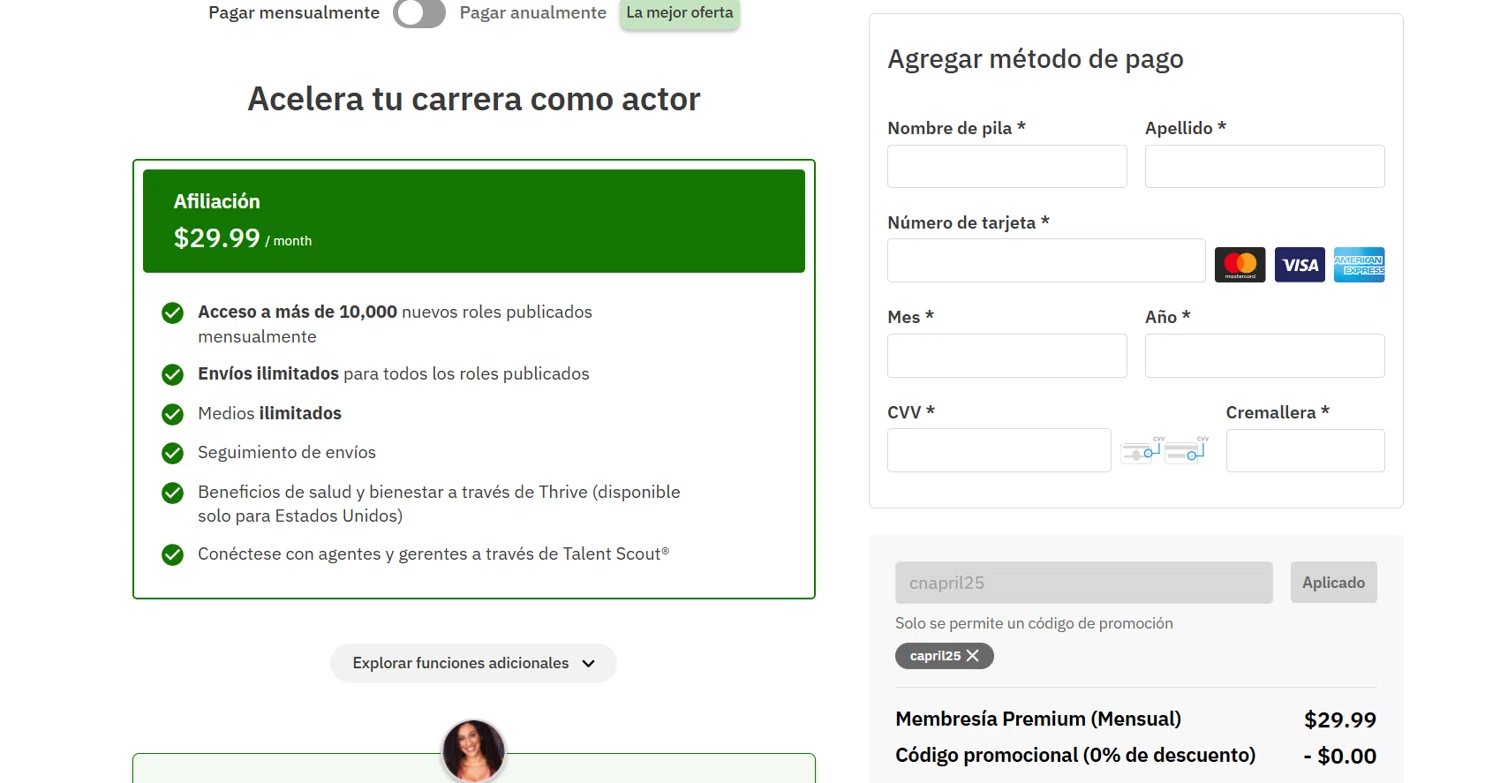 Casting Networks checkout page showing Casting Networks promo code box | Screenshot taken by SimplyCodes community member on Apr 15, 2025