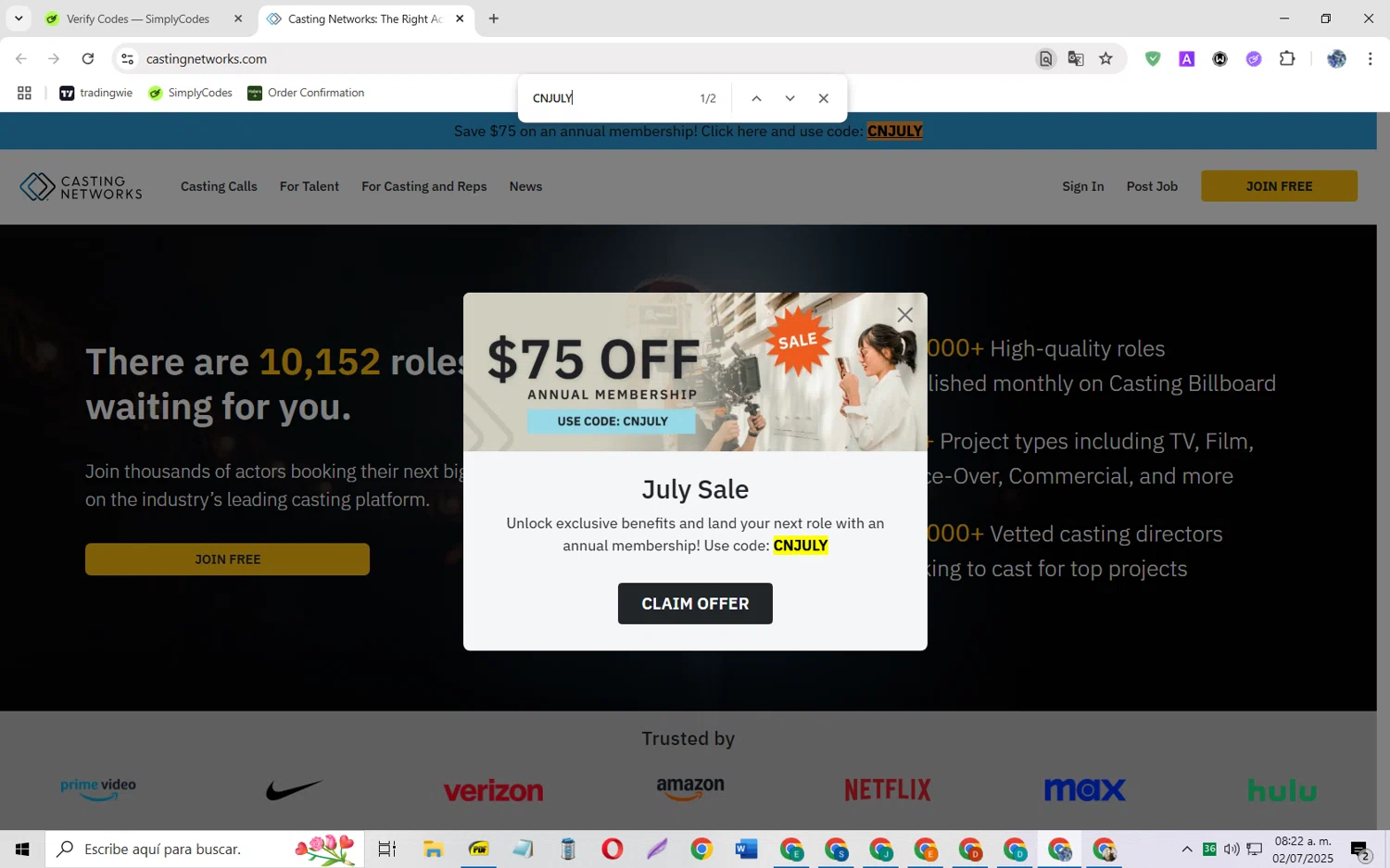 Casting Networks checkout page showing Casting Networks promo code box | Screenshot taken by SimplyCodes community member on Jul 2, 2025