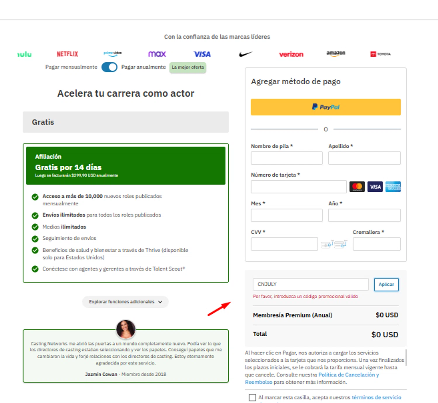 Casting Networks promo code screenshot showing code CNJULY applied at Casting Networks checkout page. Uploaded by SimplyCodes community member MariAPB on Jul 12, 2025