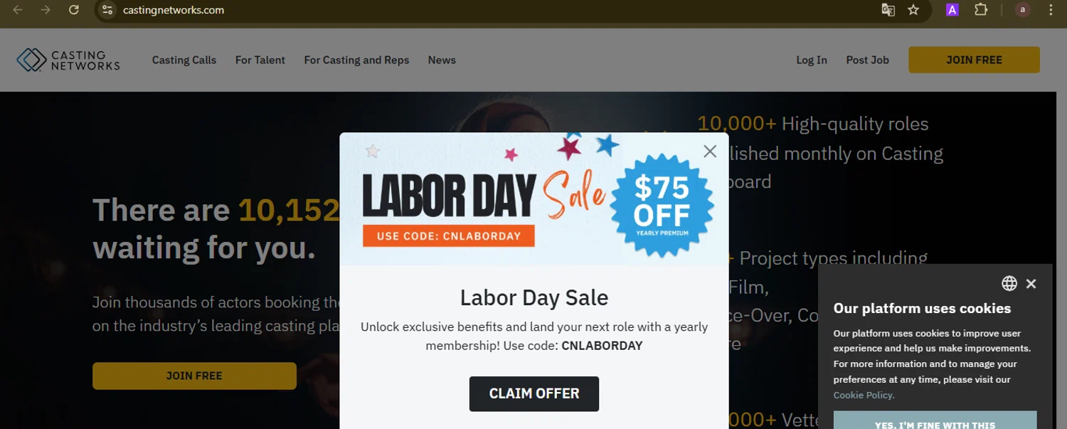 Casting Networks promo code screenshot showing code CNLABORDAY applied at Casting Networks checkout page. Uploaded by SimplyCodes community member GoldCurator1773 on Aug 27, 2025