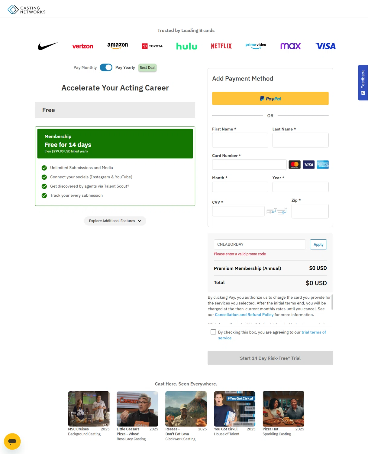Casting Networks promo code screenshot showing code CNLABORDAY applied at Casting Networks checkout page. Uploaded by SimplyCodes community member Myrulesmagazine23 on Sep 3, 2025