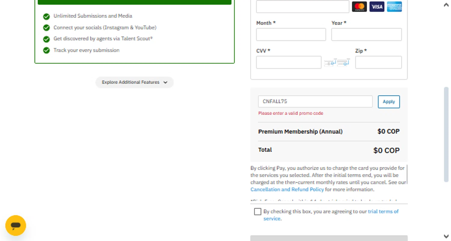 Casting Networks promo code screenshot showing code CNFALL75 applied at Casting Networks checkout page. Uploaded by SimplyCodes community member TraxoGamer on Oct 23, 2025