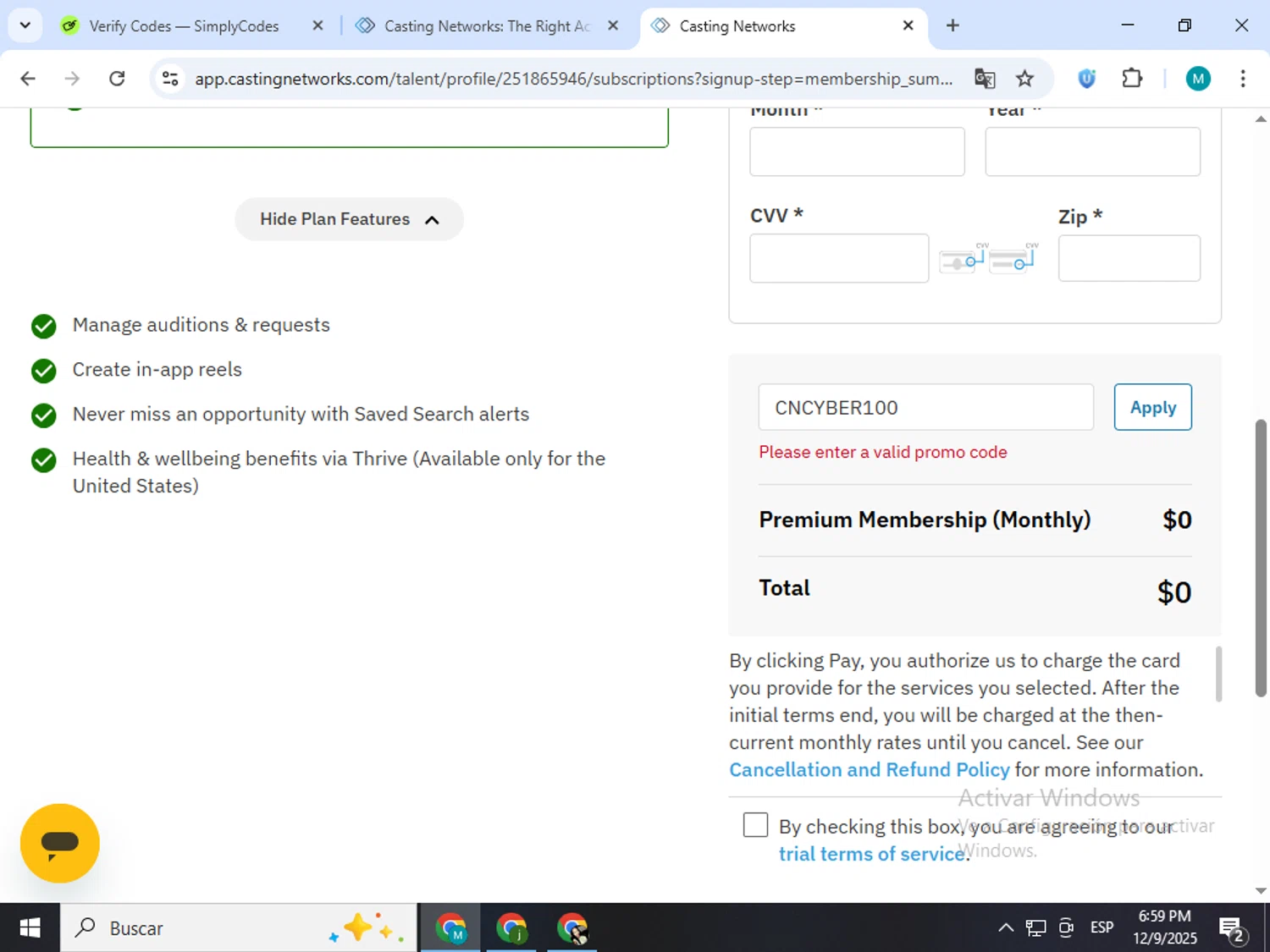 Casting Networks promo code screenshot showing code CNCYBER100 applied at Casting Networks checkout page. Uploaded by SimplyCodes community member estrellaveloz on Dec 9, 2025