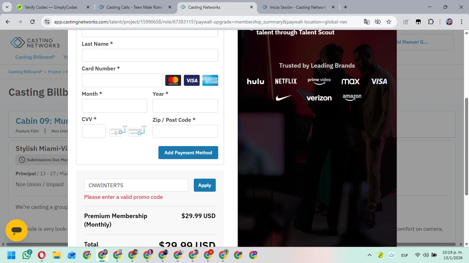 Casting Networks promo code screenshot showing code CNWINTER75 applied at Casting Networks checkout page. Uploaded by SimplyCodes community member MarielisPb on Jan 14, 2026