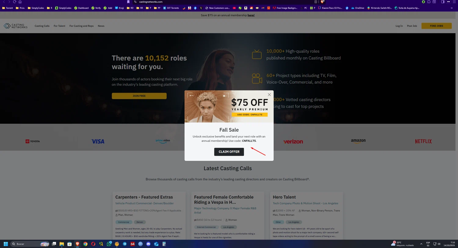 Casting Networks promo code screenshot showing code CNFALL75 applied at Casting Networks checkout page. Uploaded by SimplyCodes community member UnkNownVnzla on Oct 14, 2025