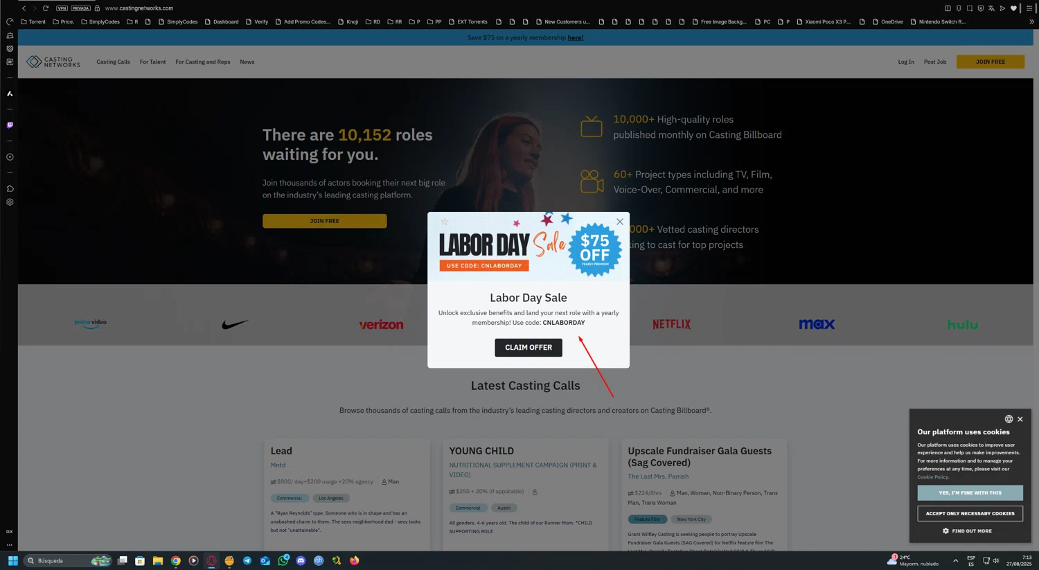 Casting Networks promo code screenshot showing code CNLABORDAY applied at Casting Networks checkout page. Uploaded by SimplyCodes community member UnkNownVnzla on Aug 27, 2025