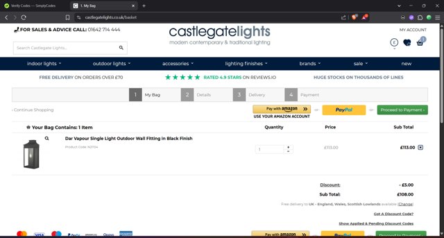 Castlegate Lights checkout page showing Castlegate Lights promo code box | Screenshot taken by SimplyCodes community member on May 7, 2025