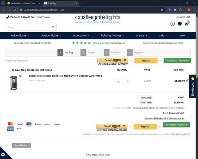 Castlegate Lights checkout page showing Castlegate Lights promo code box | Screenshot taken by SimplyCodes community member on May 7, 2025