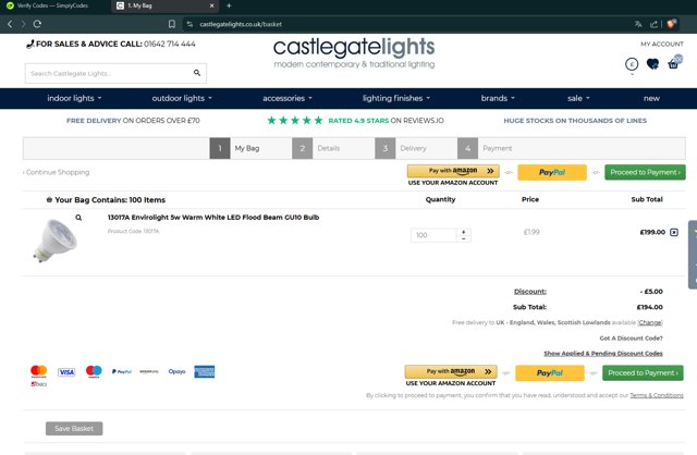 Castlegate Lights checkout page showing Castlegate Lights promo code box | Screenshot taken by SimplyCodes community member on May 14, 2025