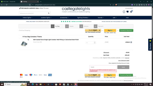 Castlegate Lights checkout page showing Castlegate Lights promo code box | Screenshot taken by SimplyCodes community member on Jun 12, 2025