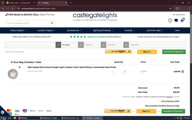 Castlegate Lights checkout page showing Castlegate Lights promo code box | Screenshot taken by SimplyCodes community member on Aug 10, 2025