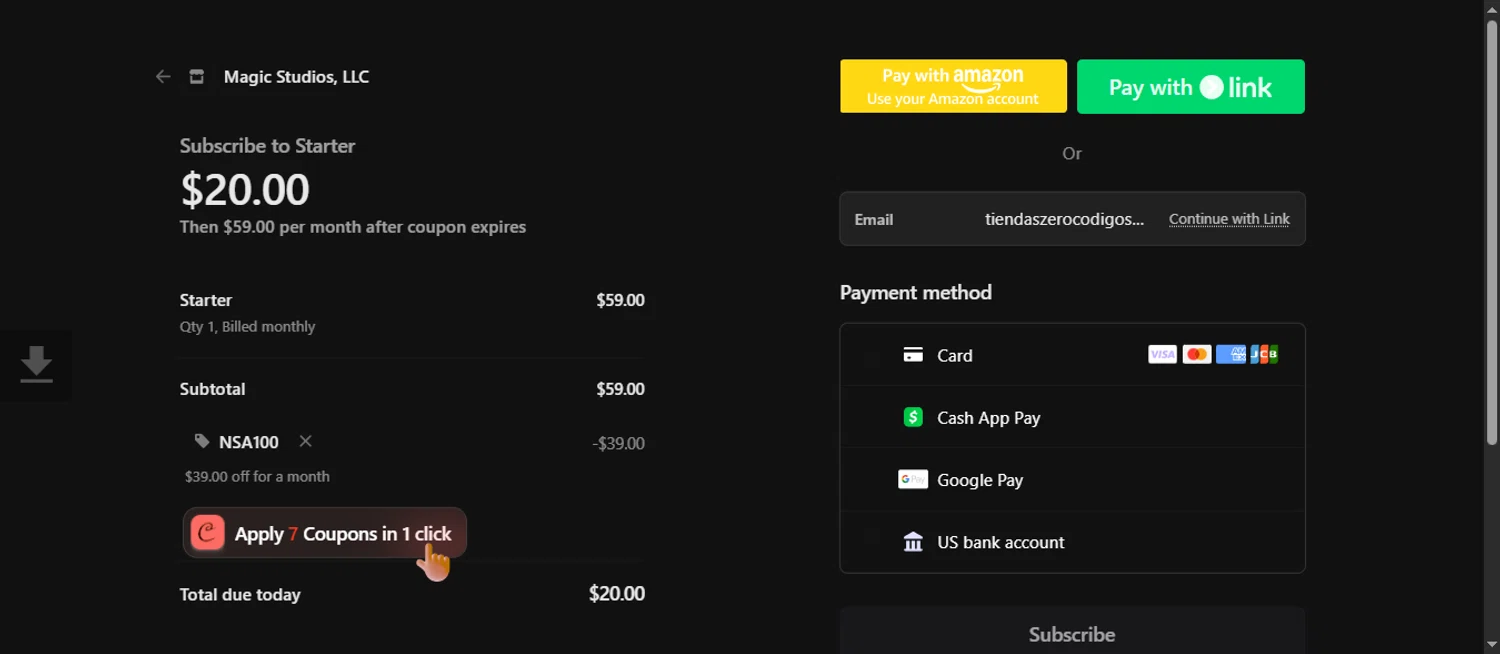 Castmagic promo code screenshot showing code NSA100 applied at Castmagic checkout page. Uploaded by SimplyCodes community member 111111 on Jun 18, 2025