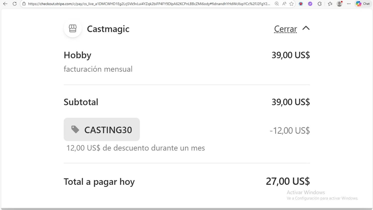 Castmagic promo code screenshot showing code Casting30 applied at Castmagic checkout page. Uploaded by SimplyCodes community member Franco20 on Dec 9, 2025