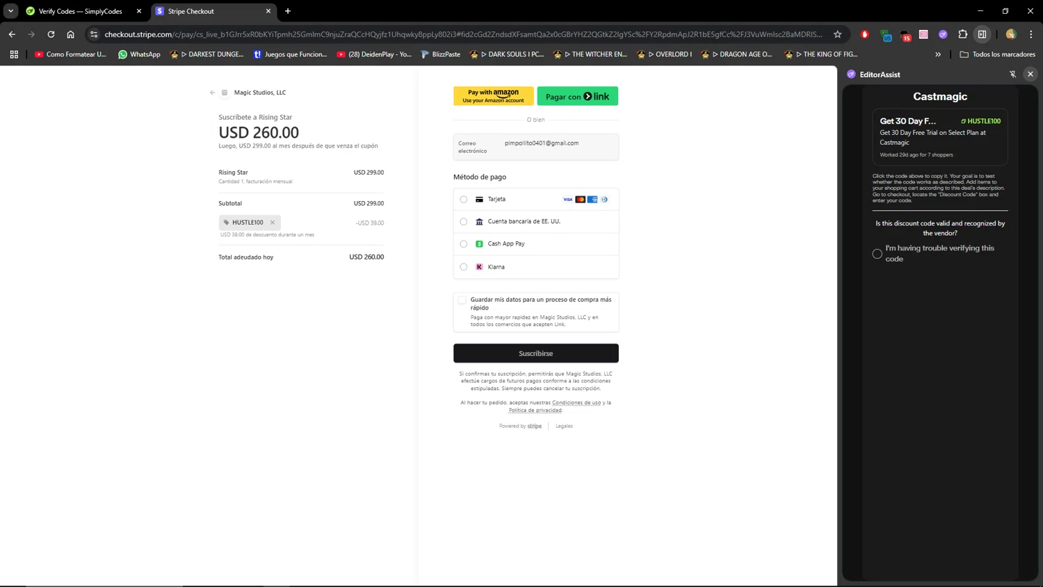 Castmagic promo code screenshot showing code Hustle100 applied at Castmagic checkout page. Uploaded by SimplyCodes community member MiauMiau on Jul 6, 2025