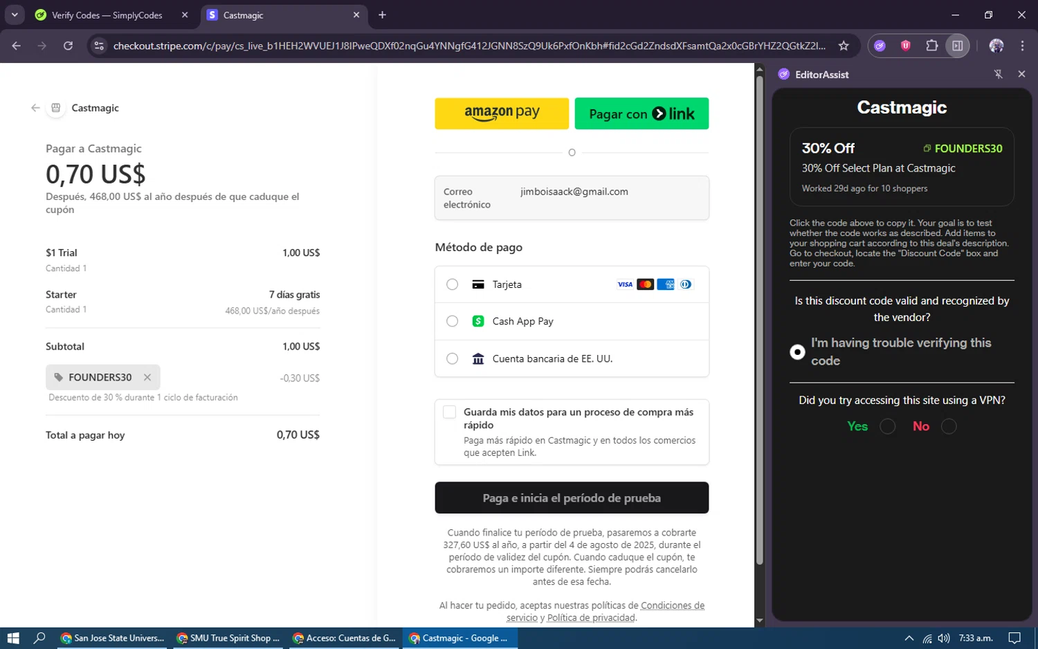 Castmagic promo code screenshot showing code FOUNDERS30 applied at Castmagic checkout page. Uploaded by SimplyCodes community member kakarotto on Jul 28, 2025