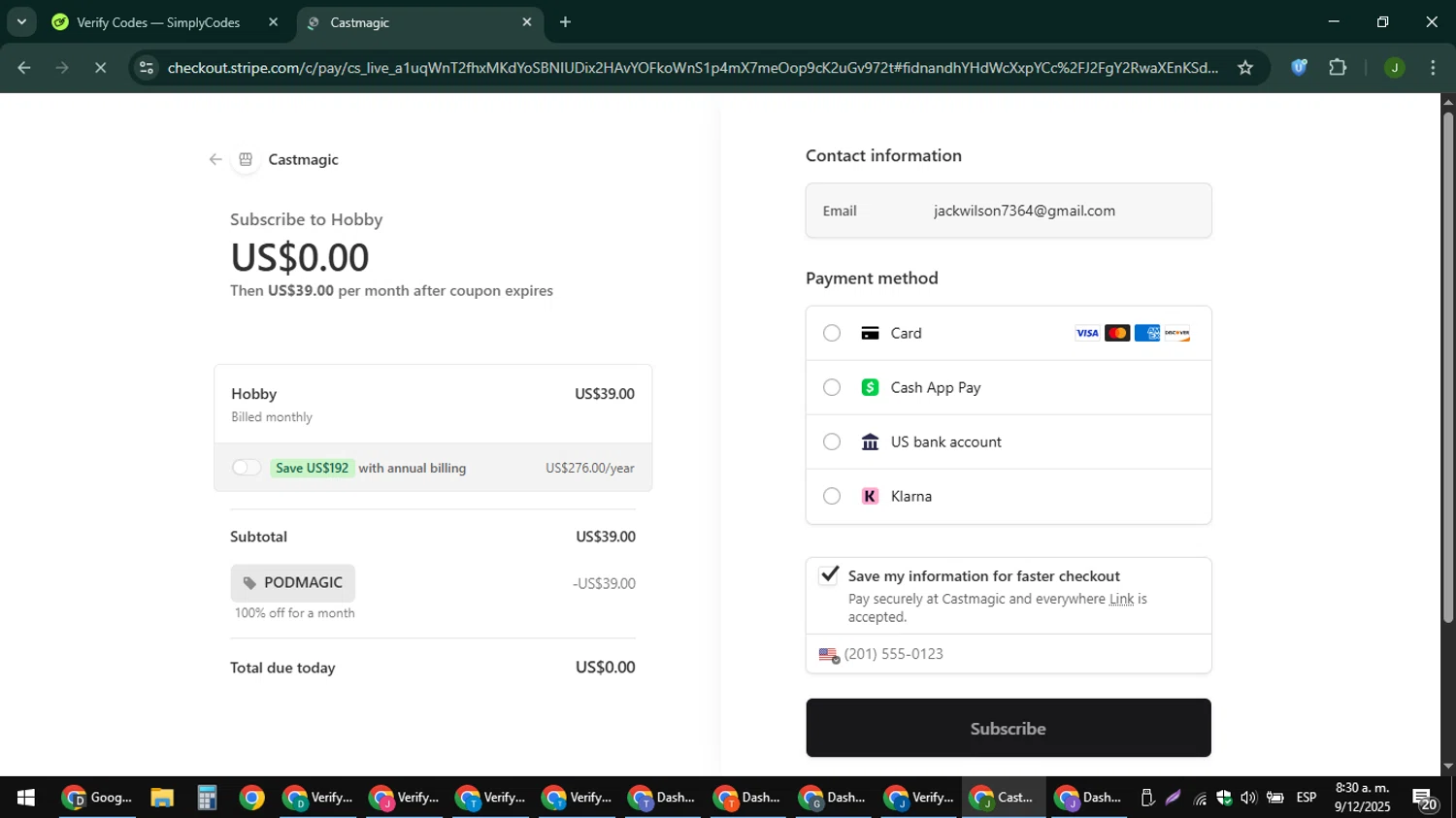 Castmagic promo code screenshot showing code podmagic applied at Castmagic checkout page. Uploaded by SimplyCodes community member ShieldFinder369 on Dec 9, 2025
