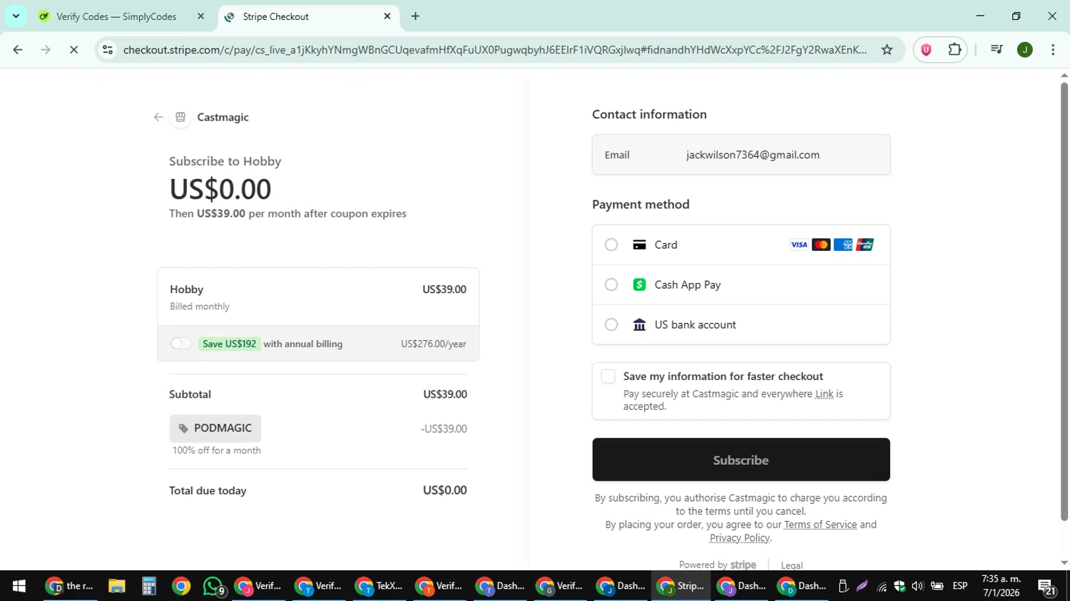 Castmagic promo code screenshot showing code podmagic applied at Castmagic checkout page. Uploaded by SimplyCodes community member ShieldFinder369 on Jan 7, 2026