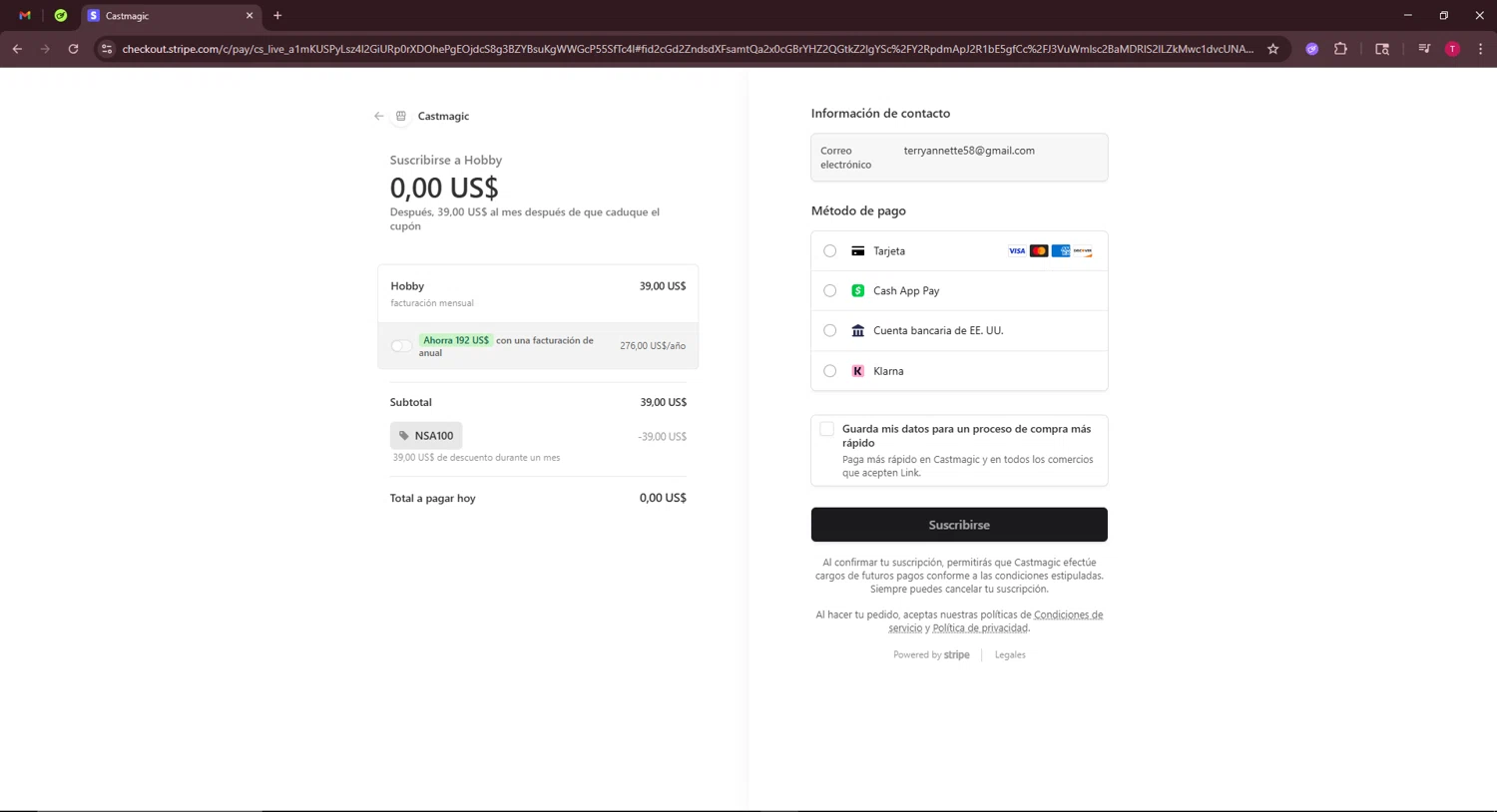 Castmagic promo code screenshot showing code NSA100 applied at Castmagic checkout page. Uploaded by SimplyCodes community member WiseScout3498 on Jul 17, 2025