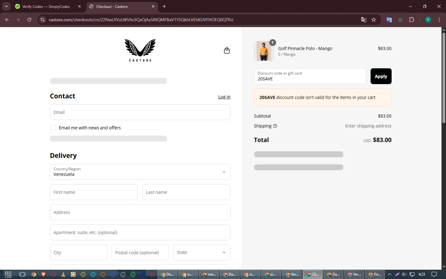 Castore discount code screenshot showing code 20SAVE applied at Castore checkout page. Uploaded by SimplyCodes community member FerminLopez on Apr 25, 2025