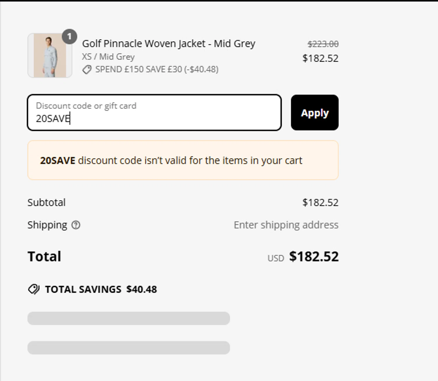 Castore discount code screenshot showing code 20SAVE applied at Castore checkout page. Uploaded by SimplyCodes community member sapphire_nitro on Apr 15, 2025