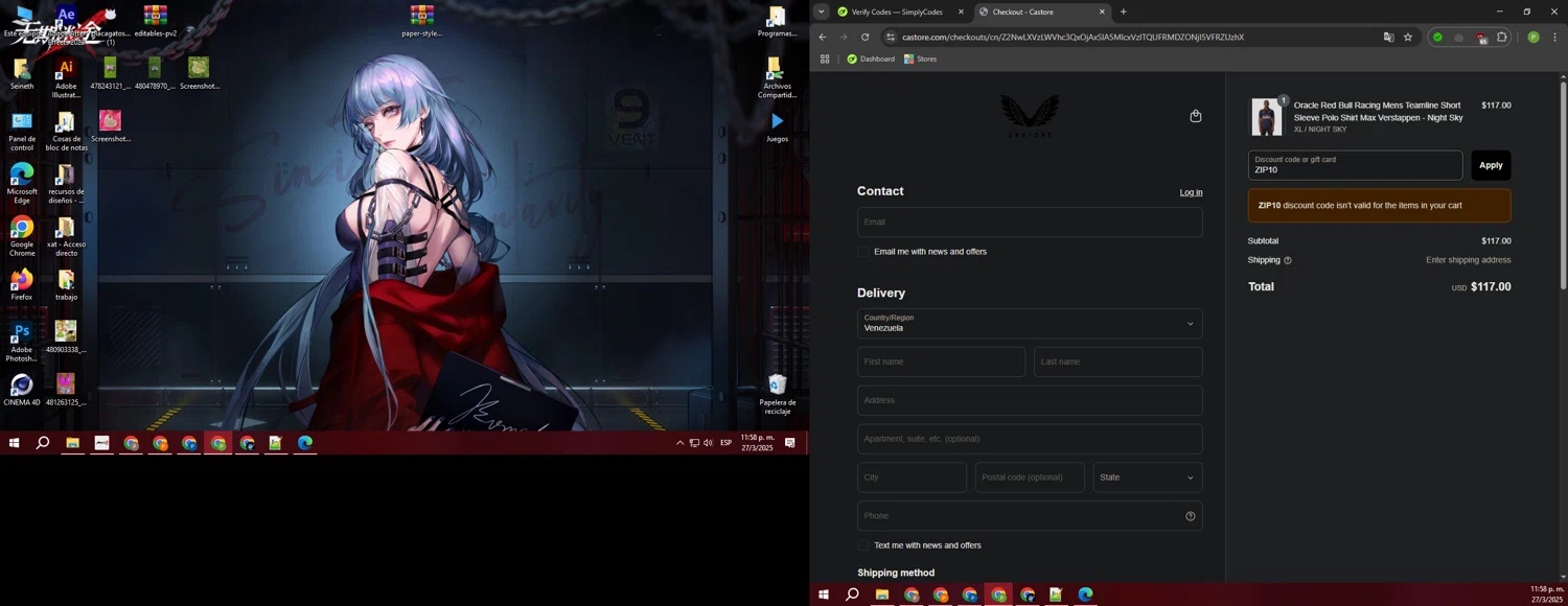 Castore discount code screenshot showing code ZIP10 applied at Castore checkout page. Uploaded by SimplyCodes community member FortunateTiger3302 on Mar 28, 2025
