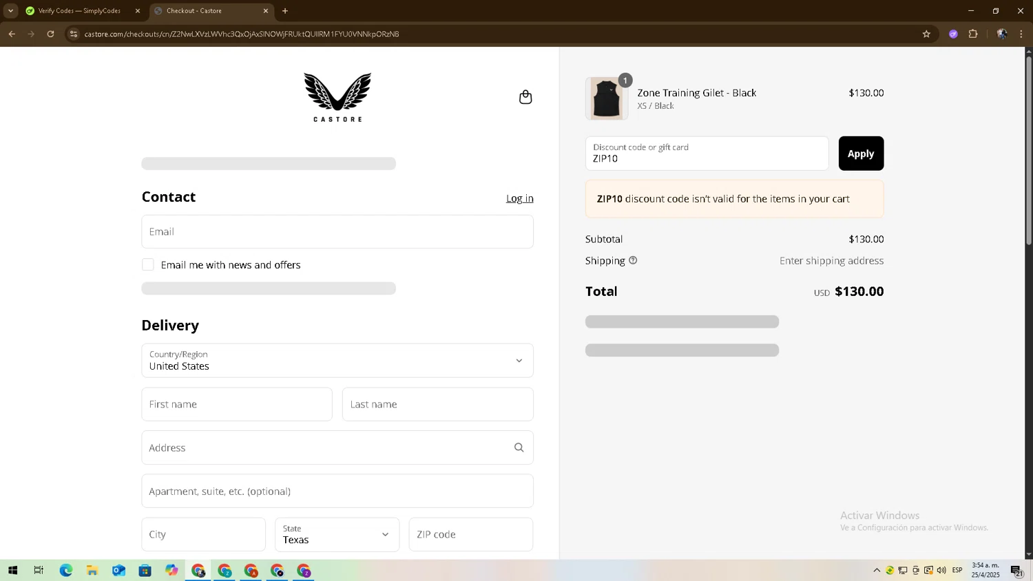 Castore discount code screenshot showing code ZIP10 applied at Castore checkout page. Uploaded by SimplyCodes community member 27zxbr on Apr 25, 2025
