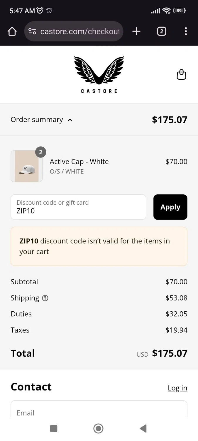 Castore discount code screenshot showing code ZIP10 applied at Castore checkout page. Uploaded by SimplyCodes community member juliocoronel038ef0f on Jul 1, 2025