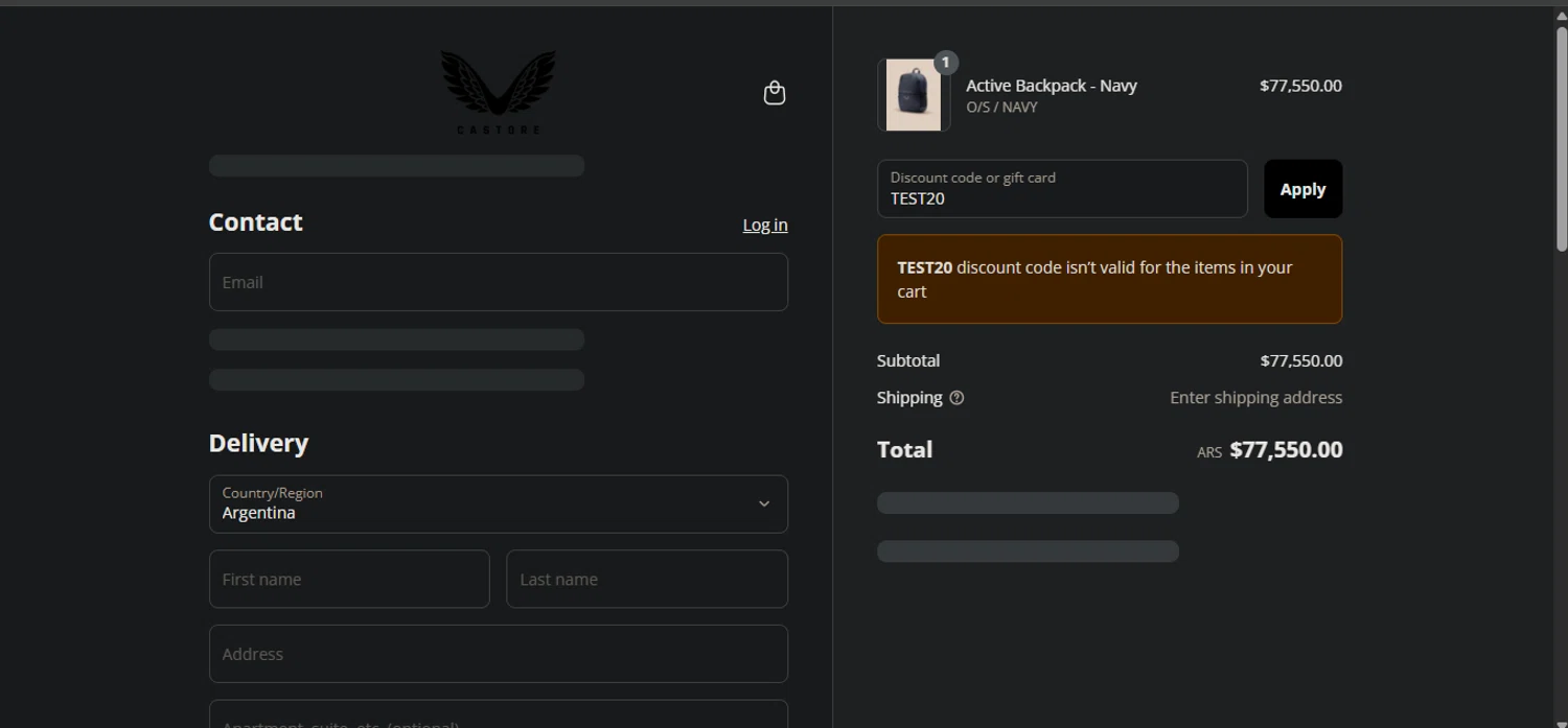 Castore discount code screenshot showing code TEST20 applied at Castore checkout page. Uploaded by SimplyCodes community member Nicoletorres on Aug 29, 2025
