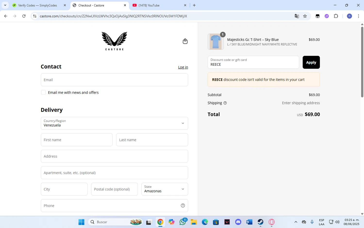 Castore discount code screenshot showing code REECE applied at Castore checkout page. Uploaded by SimplyCodes community member Franka on Jun 8, 2025