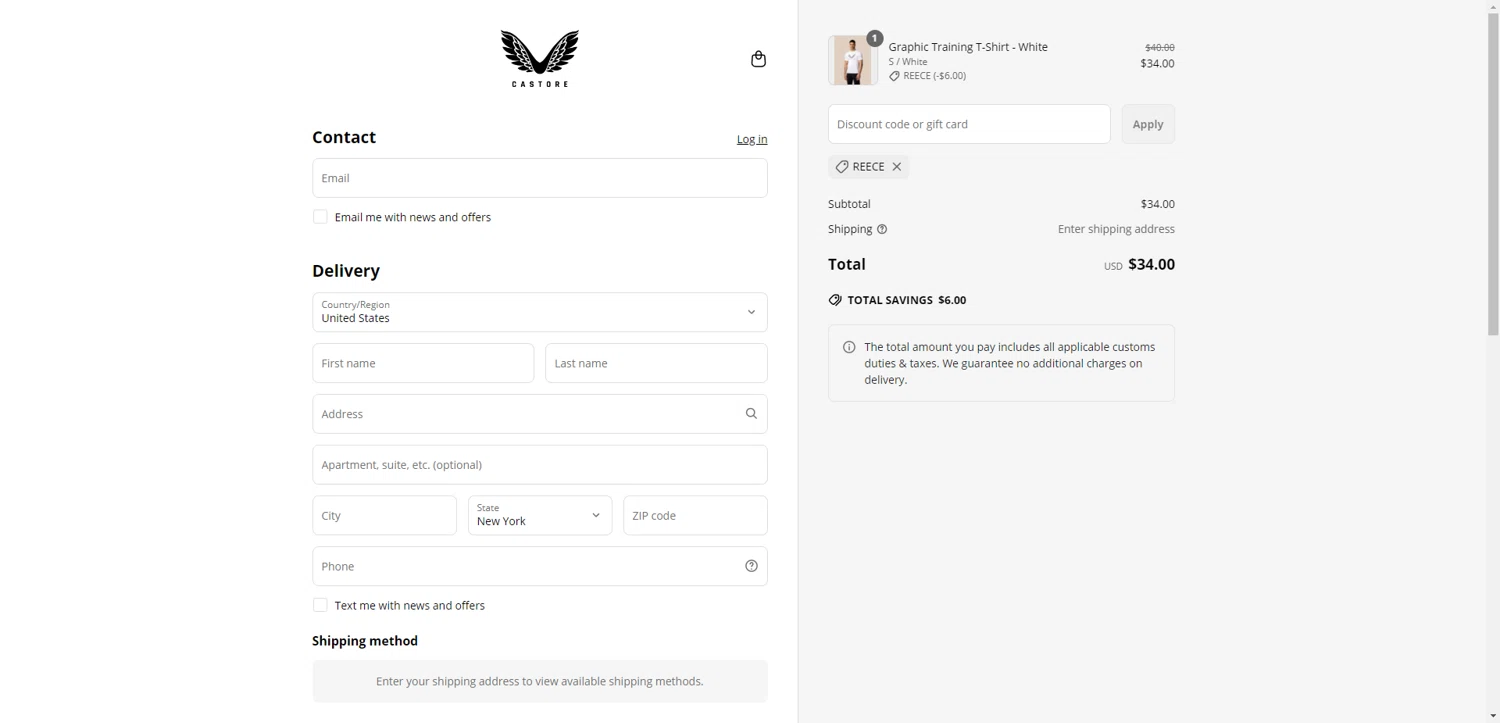Castore discount code screenshot showing code REECE applied at Castore checkout page. Uploaded by SimplyCodes community member PromoAdmiral6652 on Jun 8, 2025