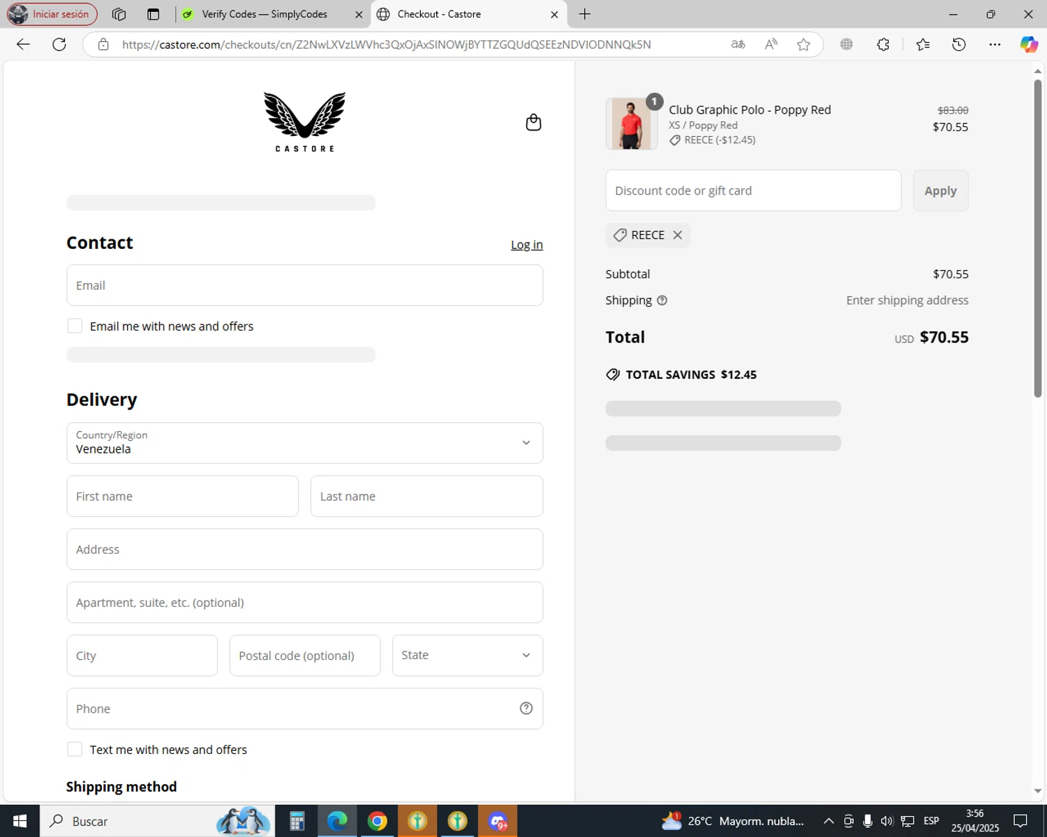 Castore discount code screenshot showing code REECE applied at Castore checkout page. Uploaded by SimplyCodes community member jechtff10 on Apr 25, 2025