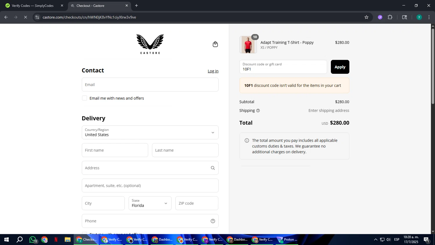 Castore discount code screenshot showing code 10F1 applied at Castore checkout page. Uploaded by SimplyCodes community member FrugalCaptain6906 on Jul 17, 2025