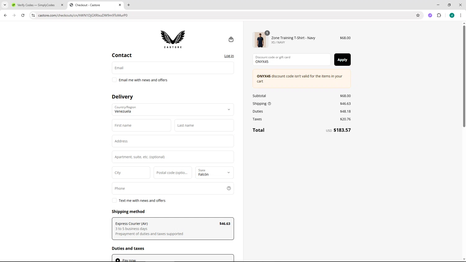 Castore discount code screenshot showing code ONYX45 applied at Castore checkout page. Uploaded by SimplyCodes community member HEROESCUDA on Jul 30, 2025