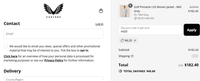 Castore checkout page showing Castore discount code box | Screenshot taken by SimplyCodes community member on Aug 9, 2025