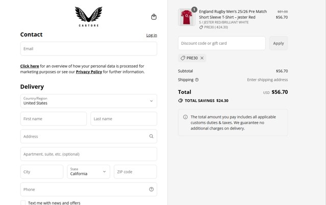 Castore checkout page showing Castore discount code box | Screenshot taken by SimplyCodes community member on Aug 19, 2025