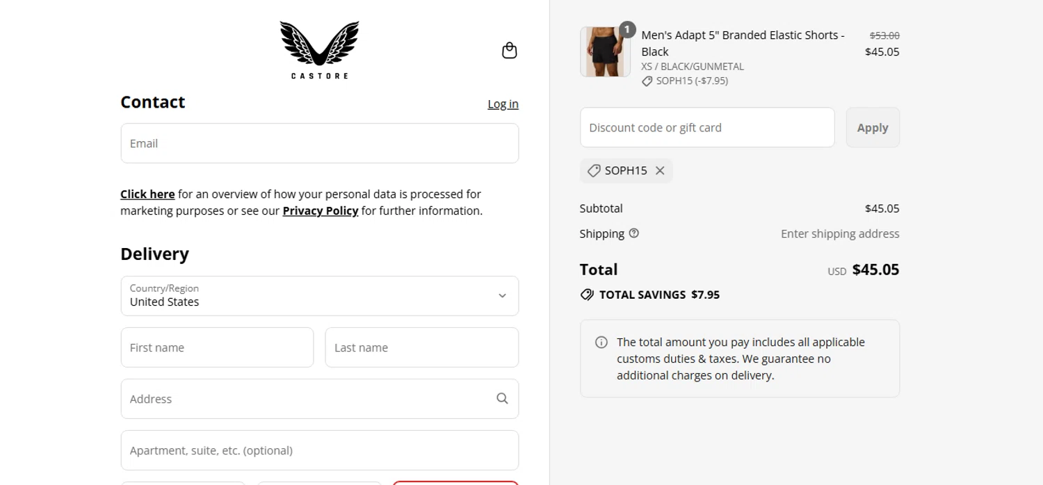 Castore discount code screenshot showing code SOPH15 applied at Castore checkout page. Uploaded by SimplyCodes community member shark12 on Aug 16, 2025