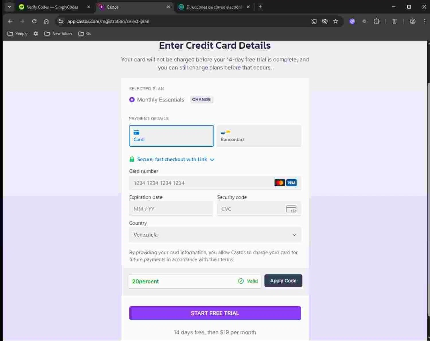 Castos discount code screenshot showing code 20percent applied at Castos checkout page. Uploaded by SimplyCodes community member Deadpool on Nov 9, 2025