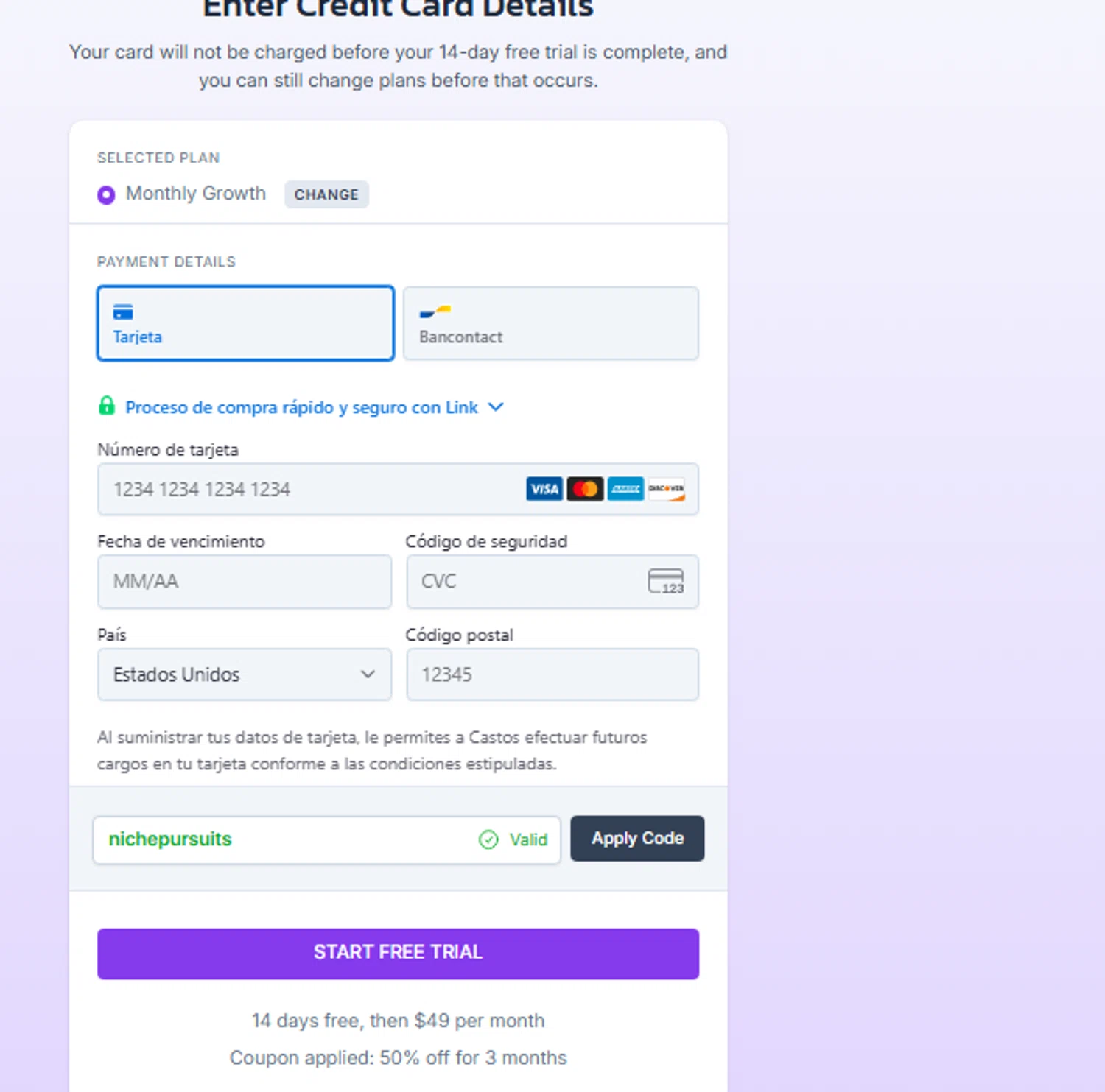 Castos discount code screenshot showing code nichepursuits applied at Castos checkout page. Uploaded by SimplyCodes community member CouponLion324 on Nov 14, 2025