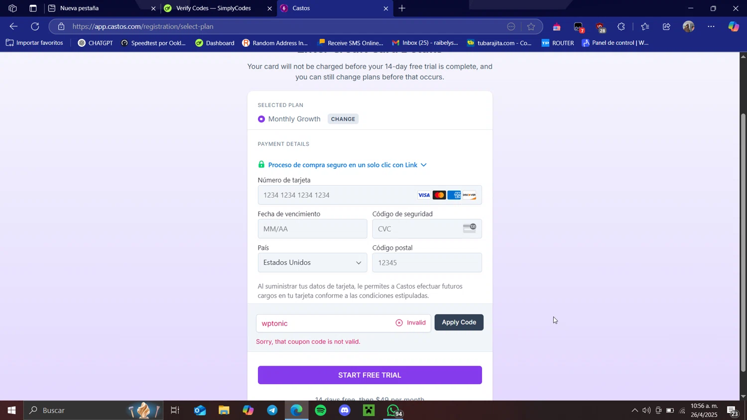 Castos discount code screenshot showing code wptonic applied at Castos checkout page. Uploaded by SimplyCodes community member Raibelys_18 on Apr 26, 2025