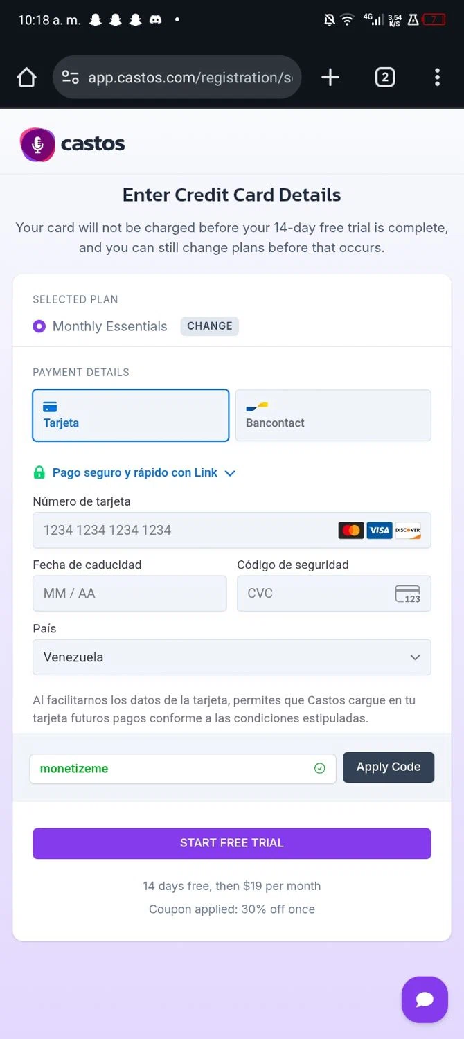Castos checkout page showing Castos discount code box | Screenshot taken by SimplyCodes community member on Feb 7, 2026