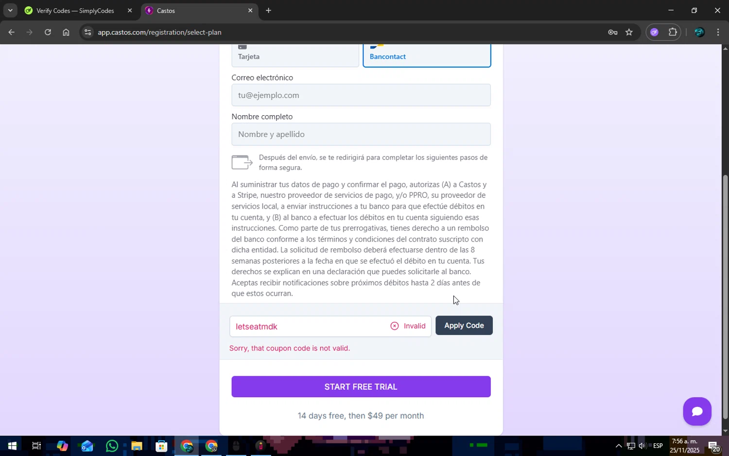 Castos discount code screenshot showing code monetizeme applied at Castos checkout page. Uploaded by SimplyCodes community member SOPACONPAN on Nov 25, 2025