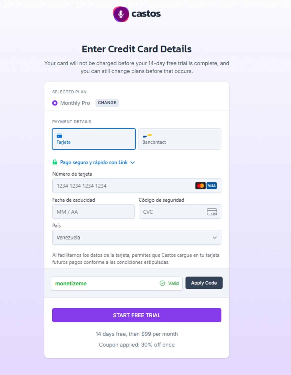 Castos discount code screenshot showing code monetizeme applied at Castos checkout page. Uploaded by SimplyCodes community member ivanguere on Oct 27, 2025