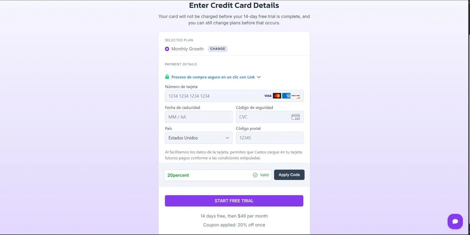 Castos discount code screenshot showing code 20PERCENT applied at Castos checkout page. Uploaded by SimplyCodes community member Depressive on Jul 16, 2025