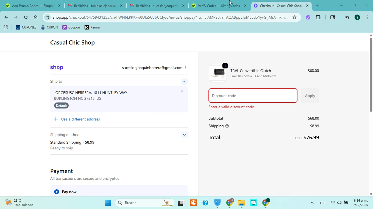 Casual Chic Boutique promo code screenshot showing code WELCOME15 applied at Casual Chic Boutique checkout page. Uploaded by SimplyCodes community member ABHF23 on Dec 9, 2025